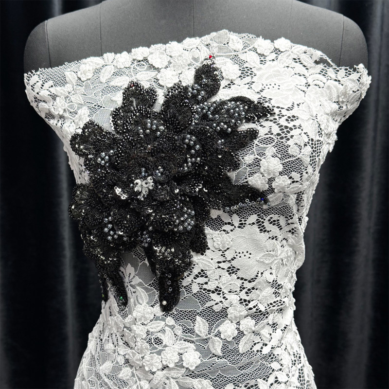 GCW-LQ003 Black Sequin Beaded Flower Applique for Bridal Dress